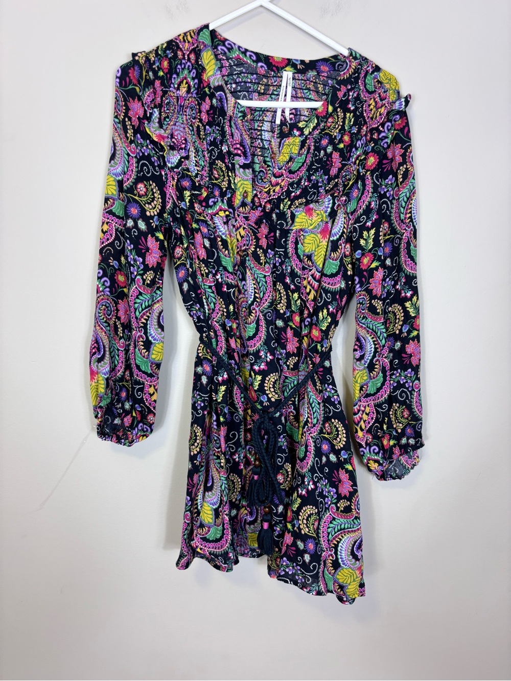 Anthropologie Paisley Floral Long Sleeve Belted Mini Dress Size Small